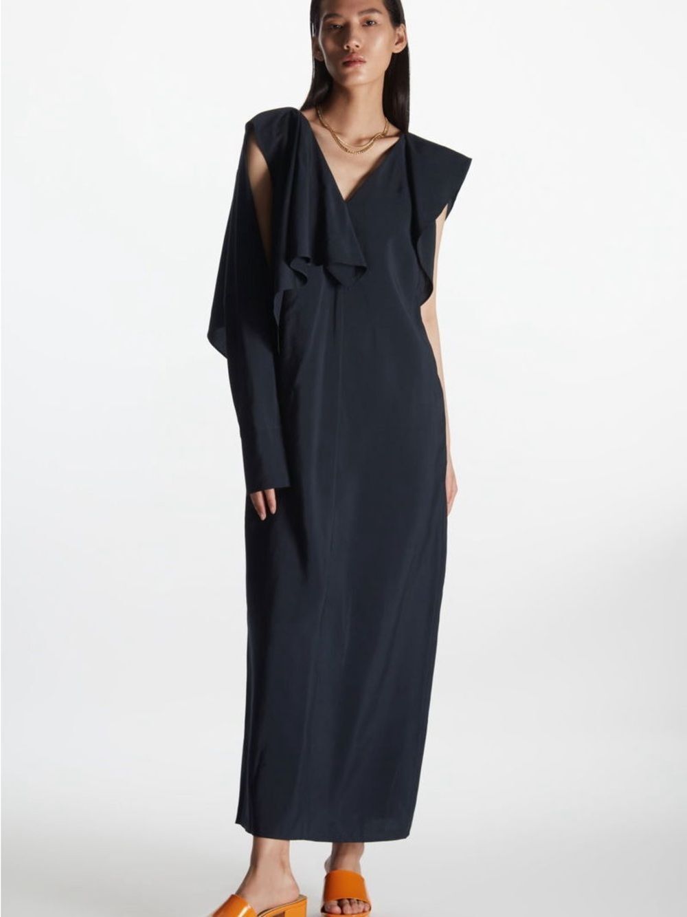 COS Navy Blue Asymmetrical Maxi Dress with Draped Shoulder 8 US